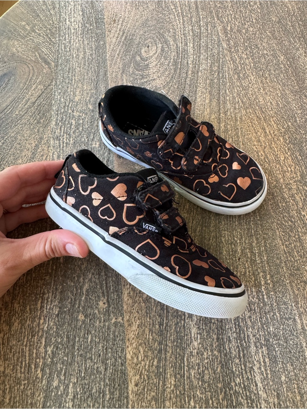 Vans Kids Black Sneakers with Rose Gold Heart Print
